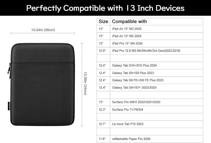 Dadanism 13 Inch Tablet Sleeve Bag Carrying Case for iPad Pro 13" M4 2024, iPad Air 13", iPad Pro 12.9", Samsung Galaxy Tab S10+ Plus/S9 FE+/S9+ Plus 12.4", Remarkable Paper Pro 11.8", Black - Image 2